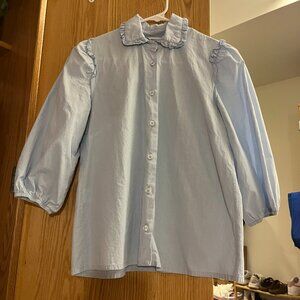 Puff-Sleeves Light Blue Button Up Blouse